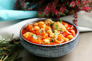 Eintopf German soup with chickpeas and meat balls