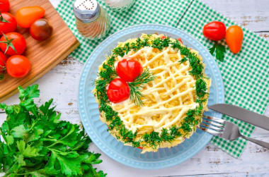 Layered salad with crab sticks