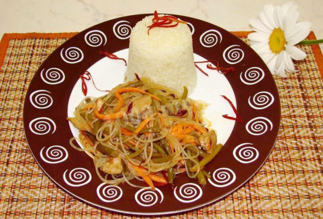 Funchosa salad with meat and soy sauce