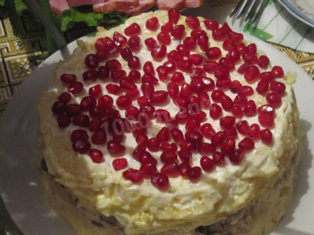 Salad with chicken, mushrooms, pomegranate and cheese