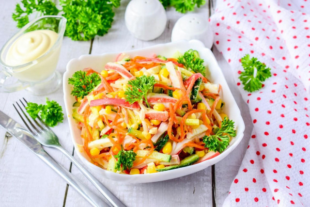 Salad with Korean carrots and crab sticks