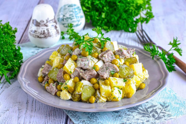 Salad with beef and pickled cucumber