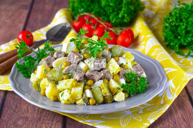 Salad with beef and pickled cucumber