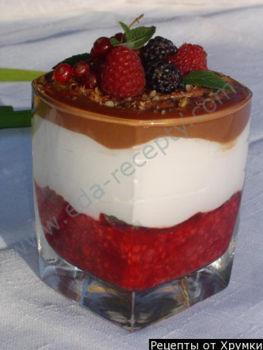 Raspberry sour cream dessert with chocolate