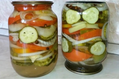 Assorted salad cucumbers tomatoes peppers onions on winter