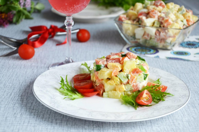 Salad with salted pink salmon