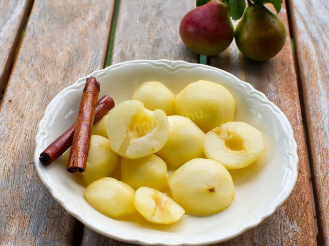 Soaked pears on winter in banks