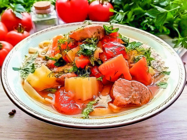 Pork lagman with potatoes and noodles