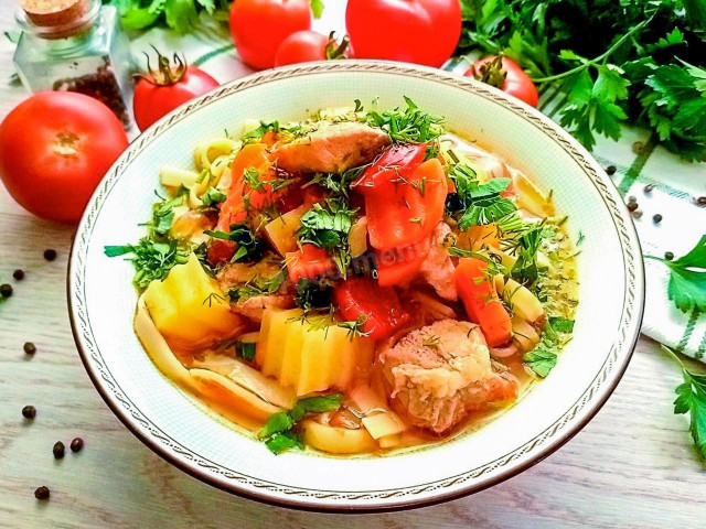 Pork lagman with potatoes and noodles