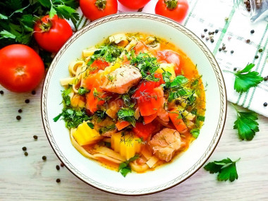 Pork lagman with potatoes and noodles