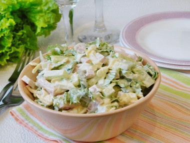 Tender salad with cheese and ham with apple