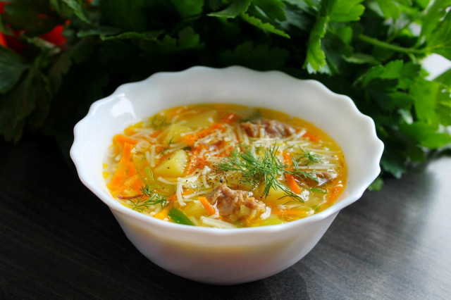 Soup with noodles and stewed meat