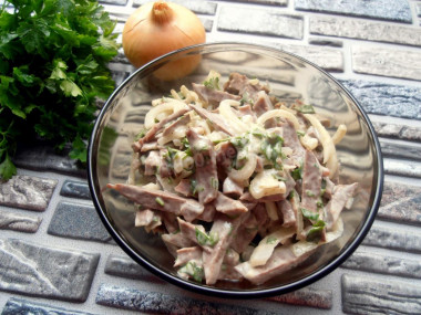 Pork heart salad with pickled onions