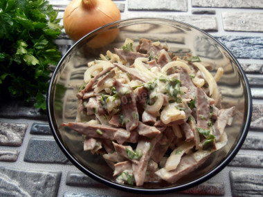 Pork heart salad with pickled onions