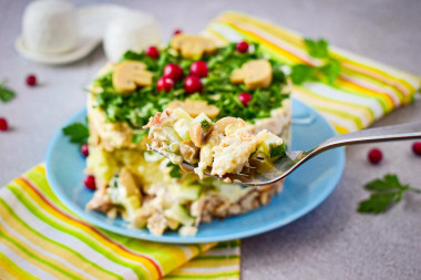 Irina salad with smoked chicken and mushrooms