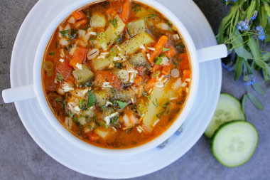 Pickle of fresh cucumbers with pearl barley