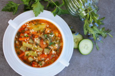 Pickle of fresh cucumbers with pearl barley