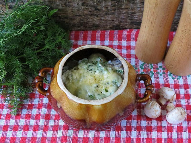 Dumplings in pots with mushrooms