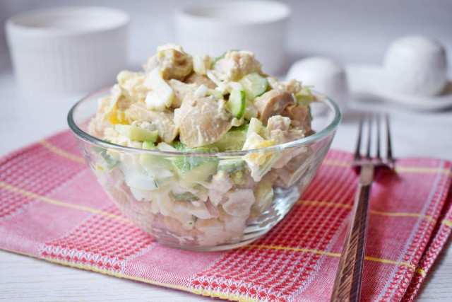 Salad with canned chicken and cucumber mushrooms