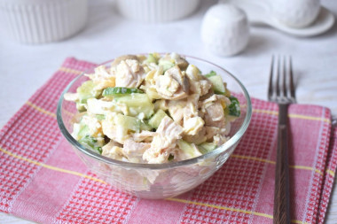 Salad with canned chicken and cucumber mushrooms