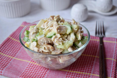 Salad with canned chicken and cucumber mushrooms