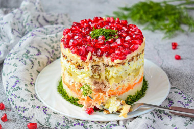 Salad with pomegranates, walnuts and chicken