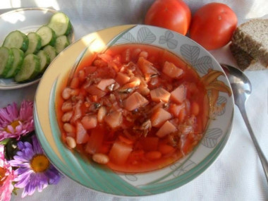 Borscht with sprat in tomato and beans