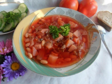 Borscht with sprat in tomato and beans