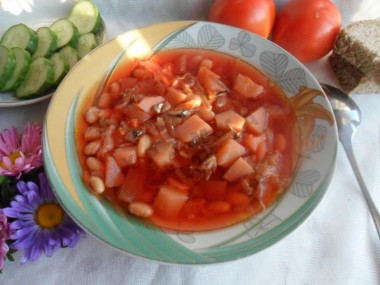 Borscht with sprat in tomato and beans