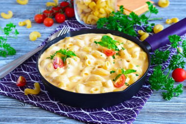 Pasta with sour cream and cheese in a frying pan