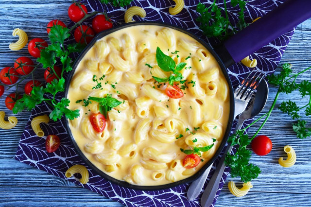 Pasta with sour cream and cheese in a frying pan