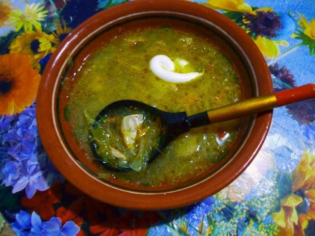 Cabbage soup with sour sauerkraut with mushrooms