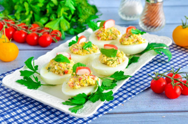 Eggs stuffed with crab sticks and cheese