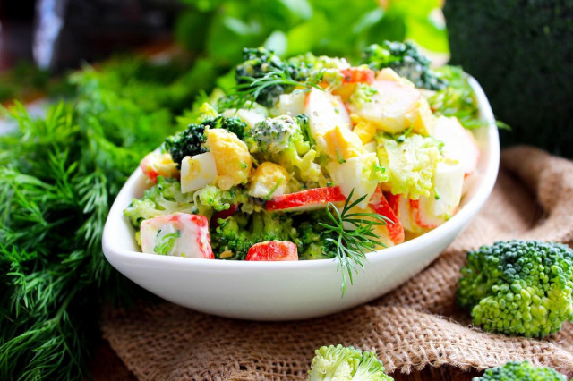 Broccoli salad crab sticks egg and mayonnaise