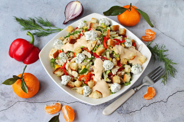 Jealous salad with chicken, corn, crackers