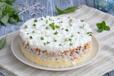 Snow Queen salad with crab sticks