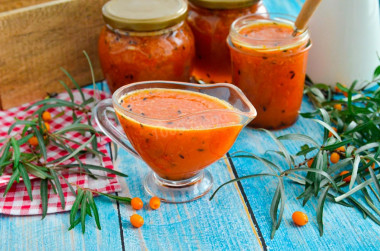 Mashed sea buckthorn with sugar for winter