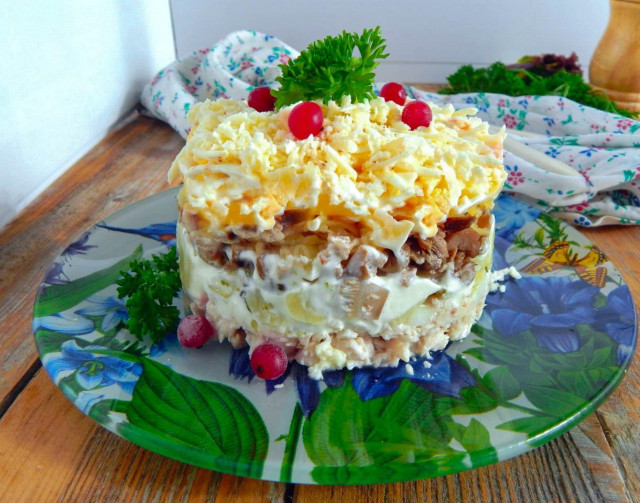 Layered salad with salted mushrooms, cheese and chicken