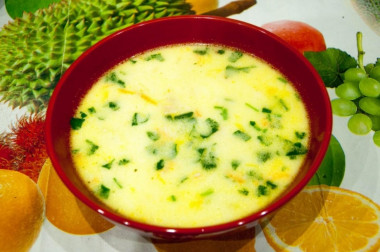 White fish fillet soup with melted cheese