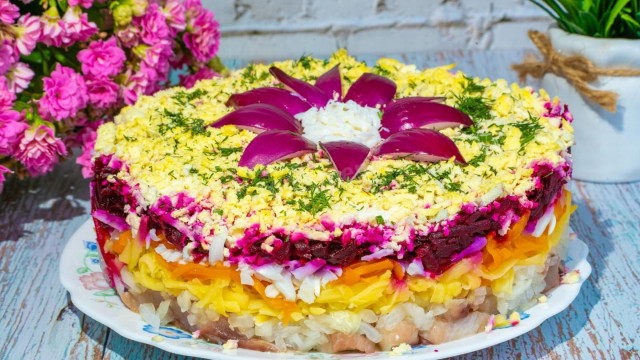 Classic herring salad with egg under a fur coat