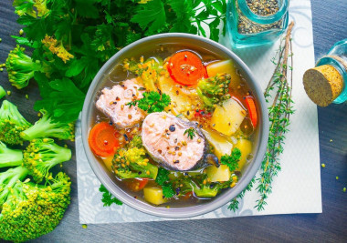 Soup with broccoli and red fish