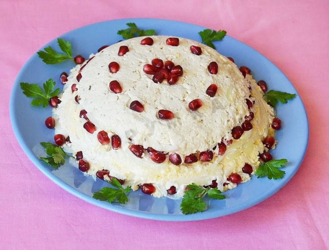 Salad with pickled onions, pomegranate and sour cream