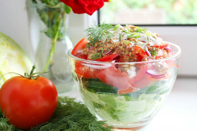 Salad with French mustard tomatoes and cucumbers