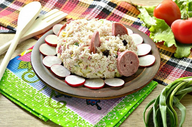 Salad of crab sticks in the form of a pig