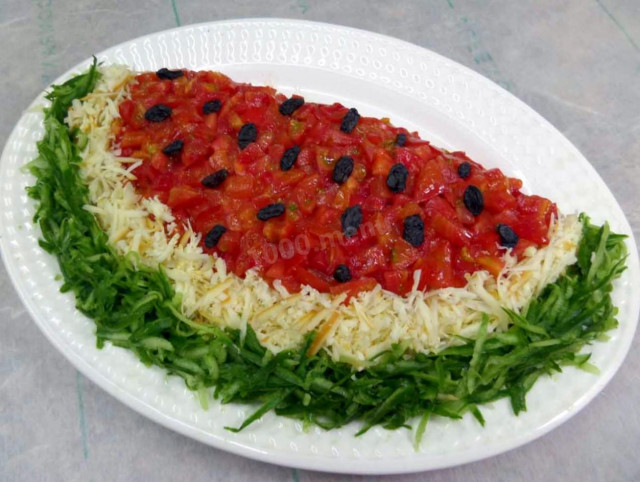 Watermelon slice salad with chicken and mushrooms