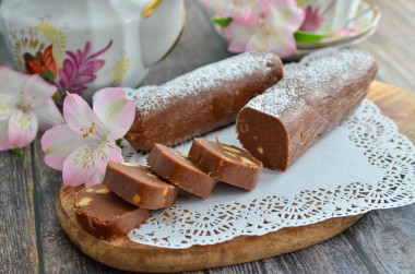 Classic chocolate sausage made of cookies and cocoa