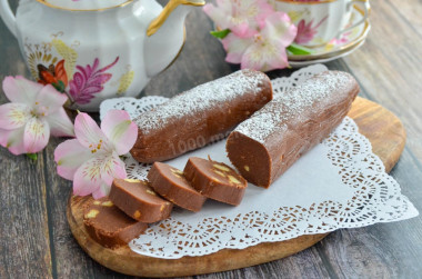 Classic chocolate sausage made of cookies and cocoa