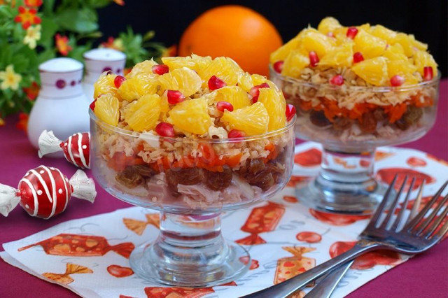 Salad mistress in cream bowls with oranges