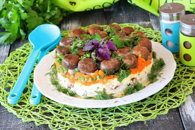 Mushroom meadow salad with chicken fillet