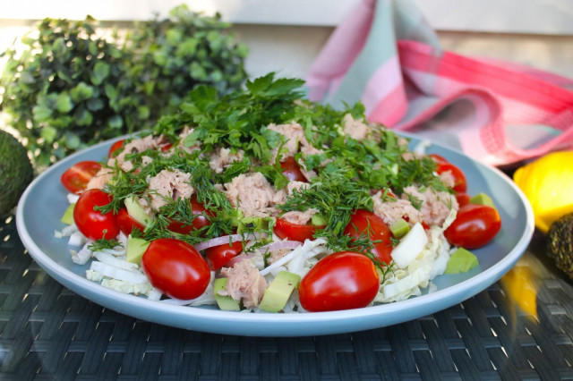 Tuna, Peking cabbage, avocado and cherry salad